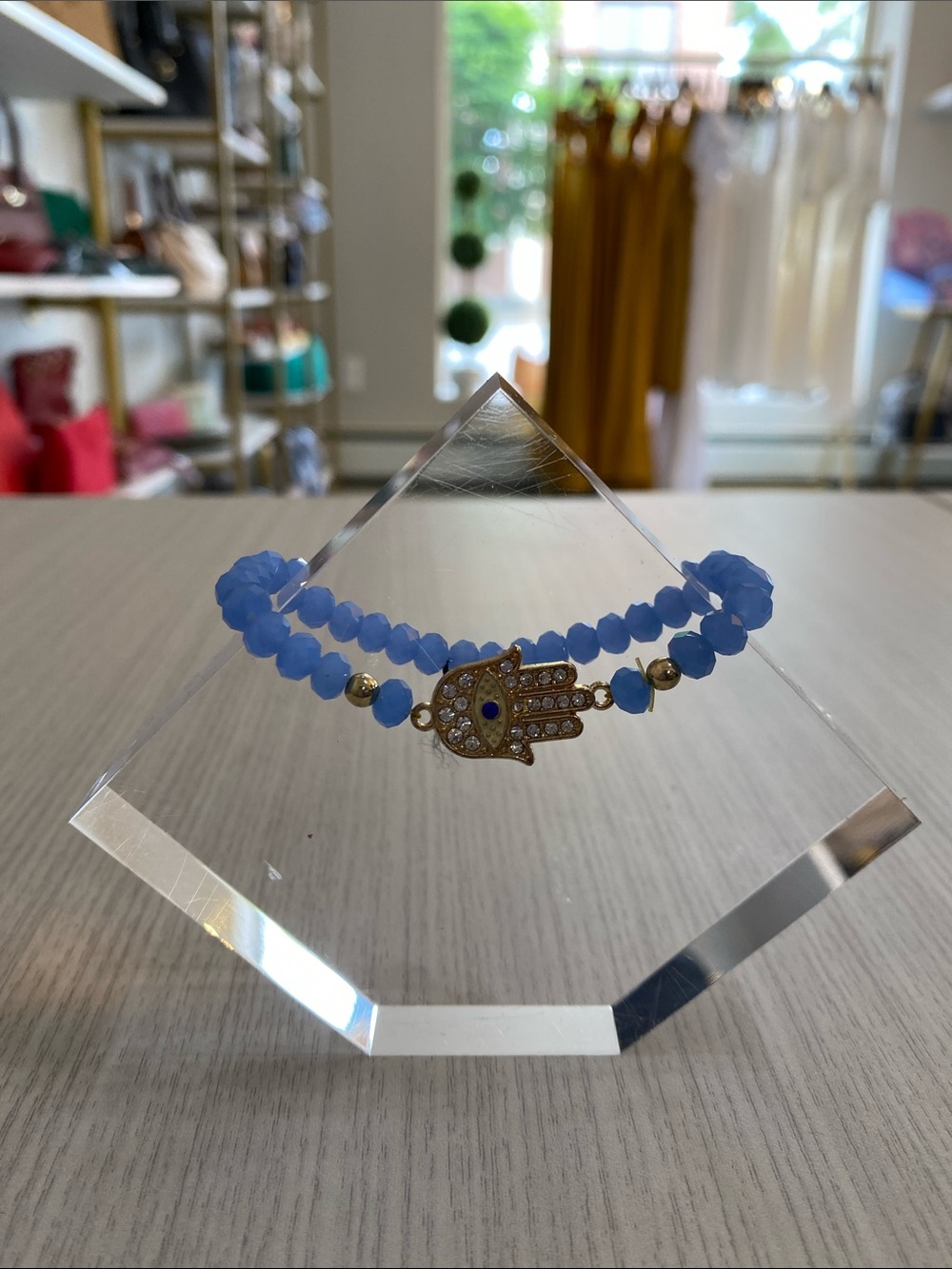 Blue Beaded Hamsa Stretch Bracelet with Hand Charm